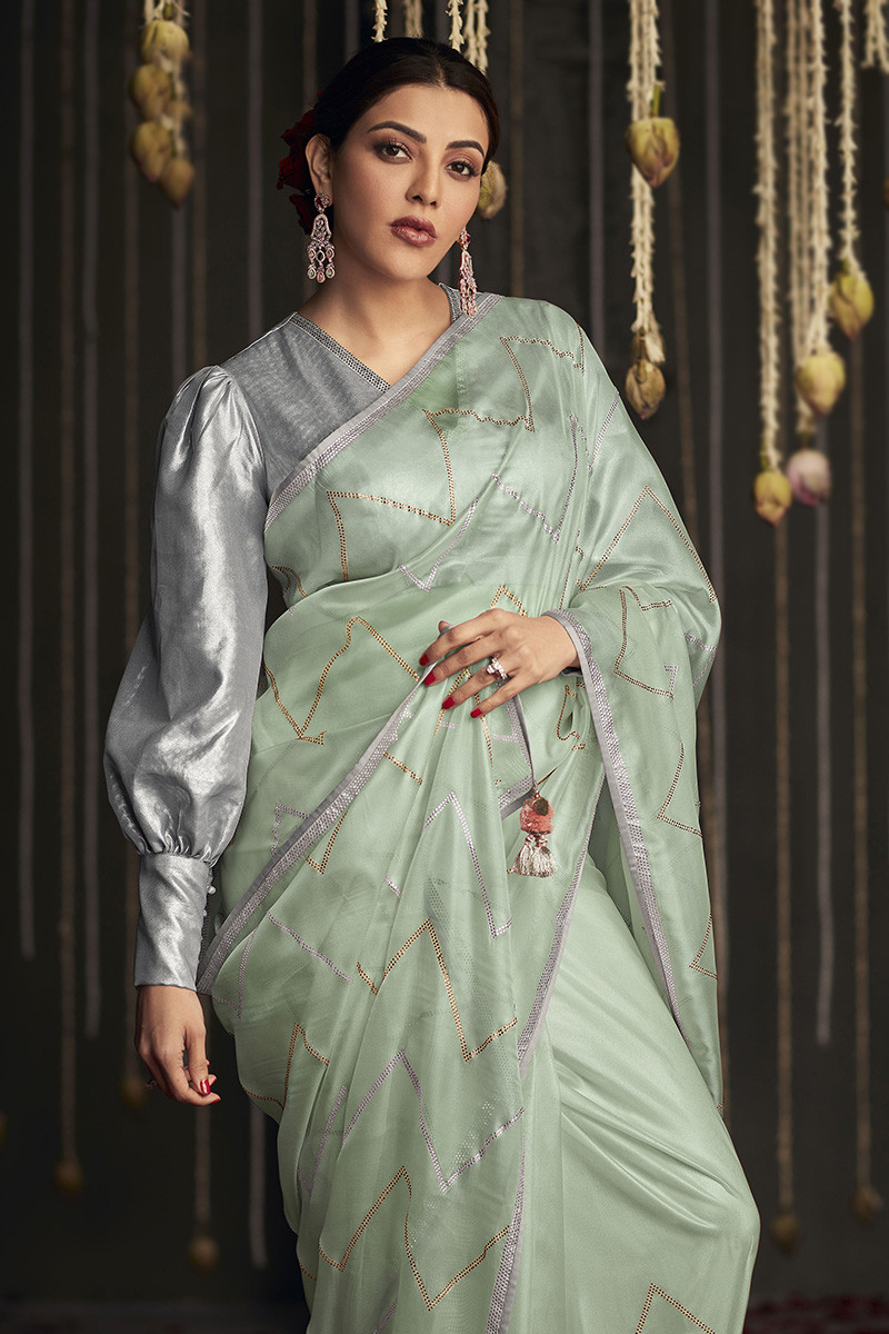 Silk Sarees : Dark green chinon silk sequence and thread ...