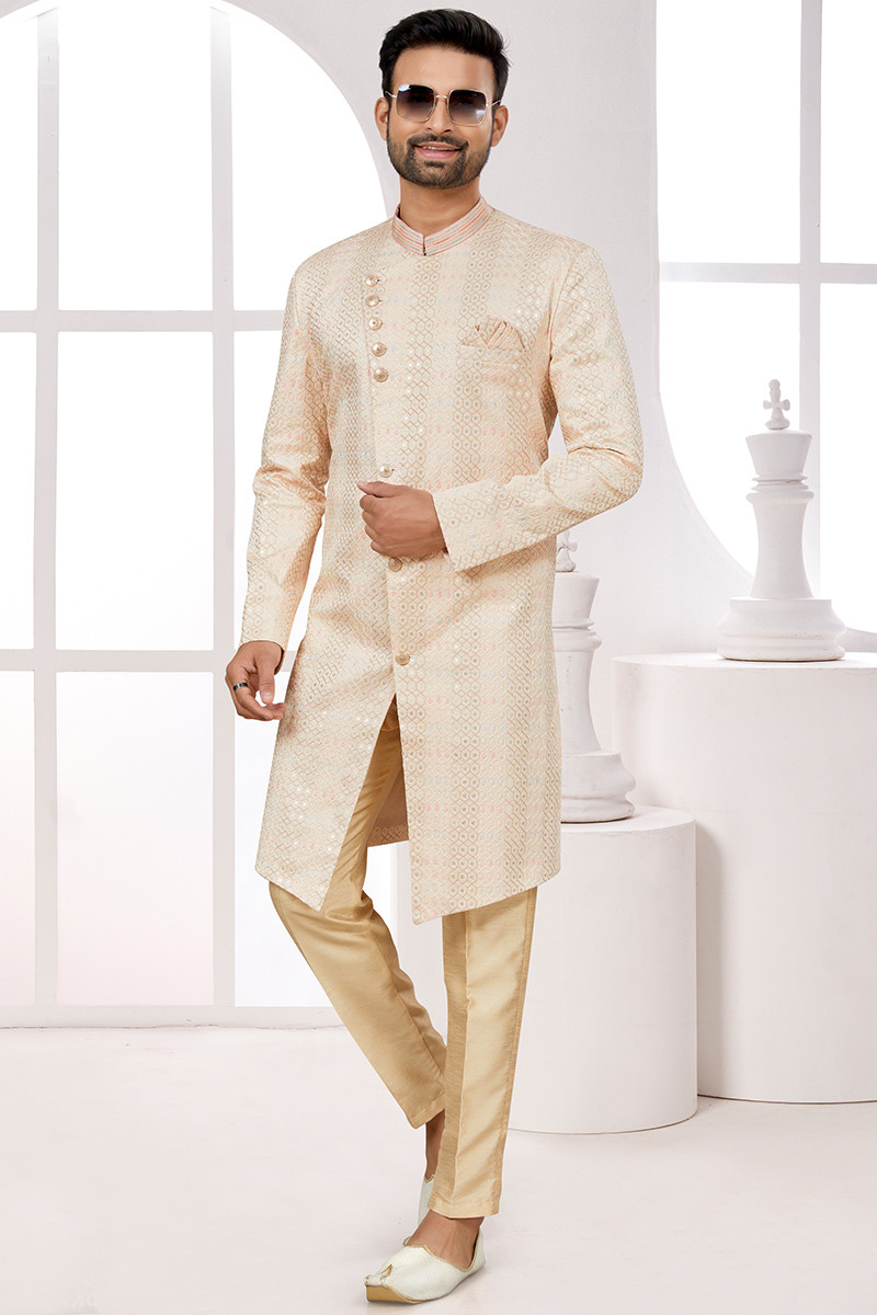 Embroidered Pale Pink Art Silk Men s Asymmetric Sherwani MSTV03151