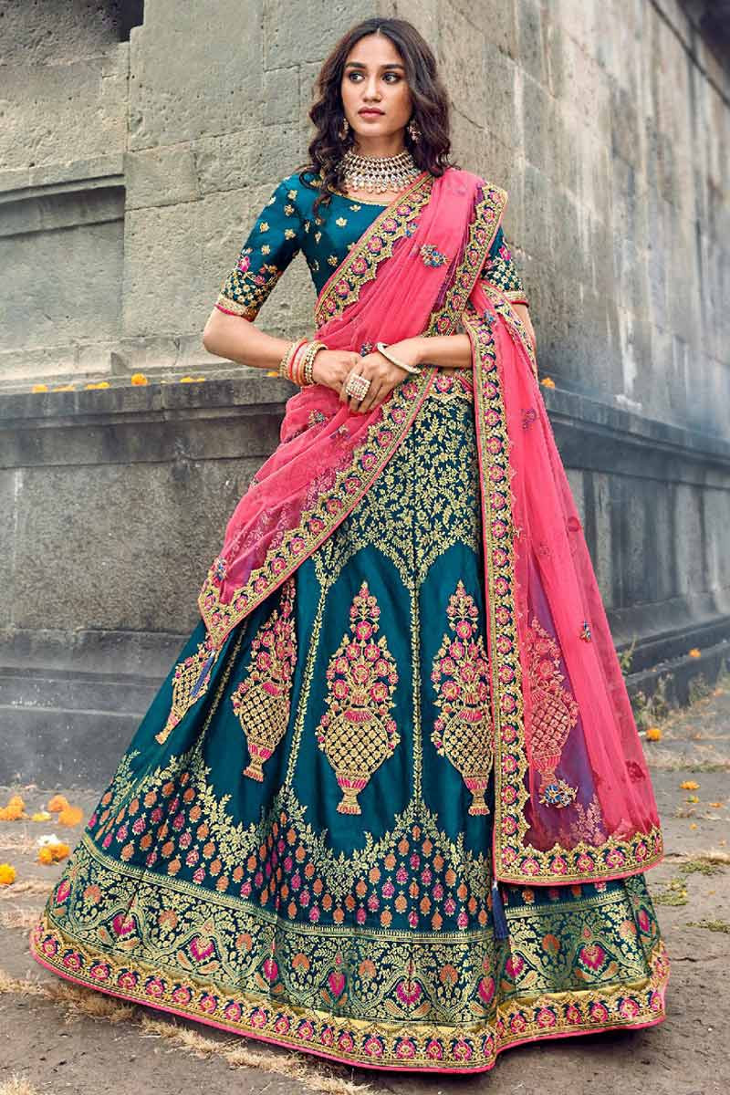 Buy Berry Blue Lehenga With Heavy Zardosi Embroidery And Blouse With  Contrasting Pink Net Dupatta KALKI Fashion India