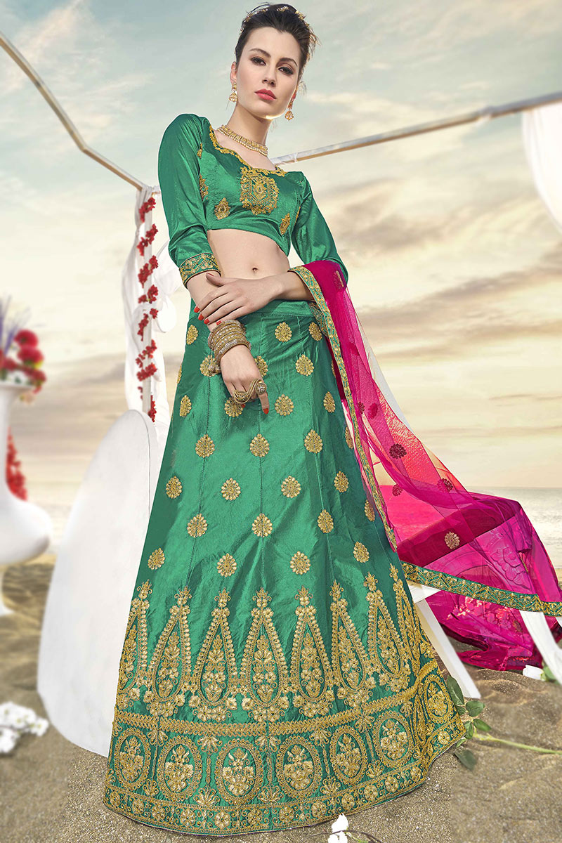Embroidered Persian Green Silk A Line Lehenga