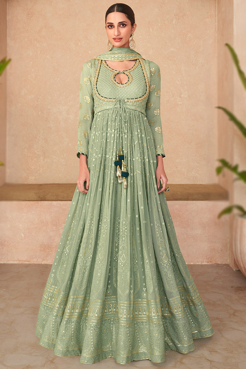 Embroidered Pistachio Green Georgette Engagement Dress Anarkali Suit LSTV124551