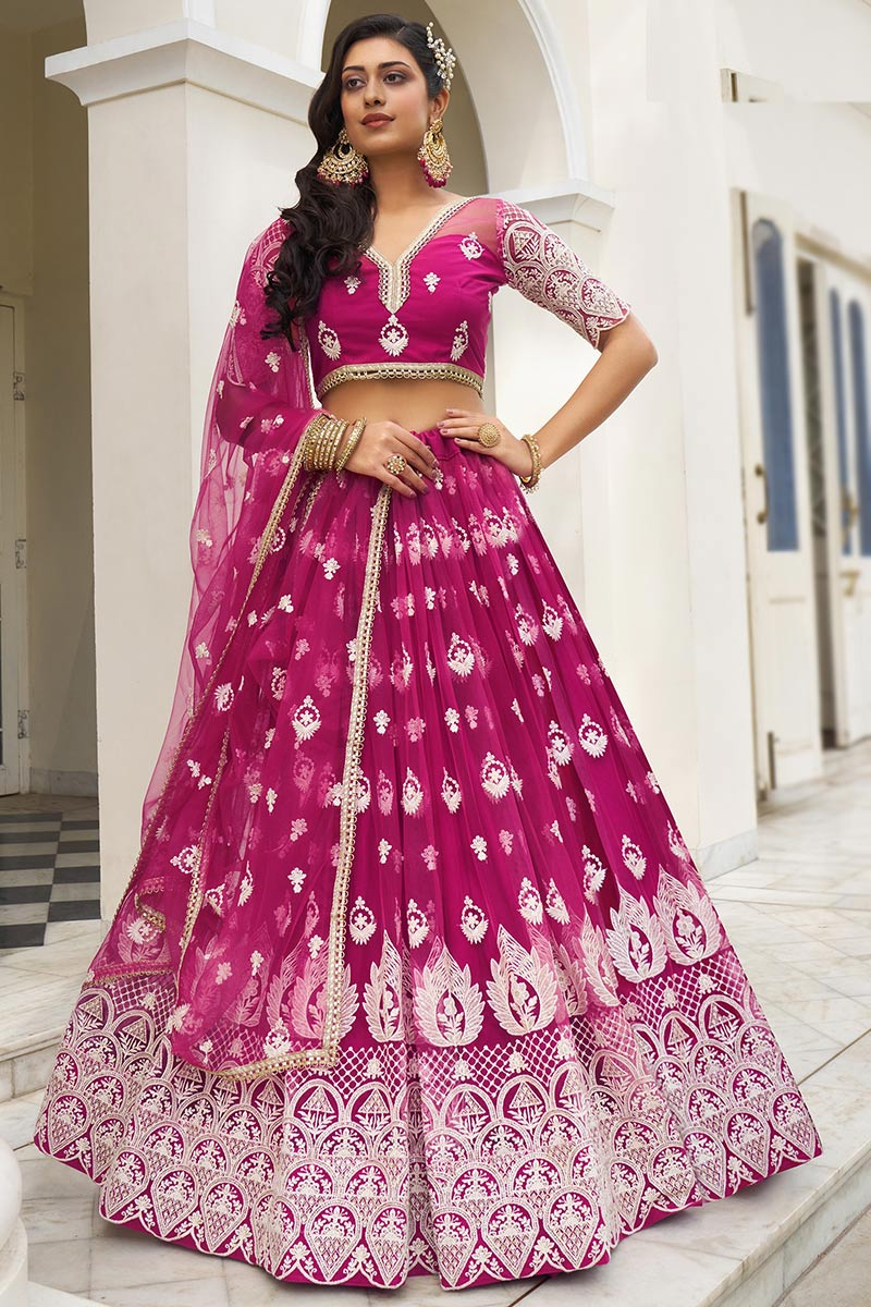 Embroidered Rani Pink Net A-Line Lehenga