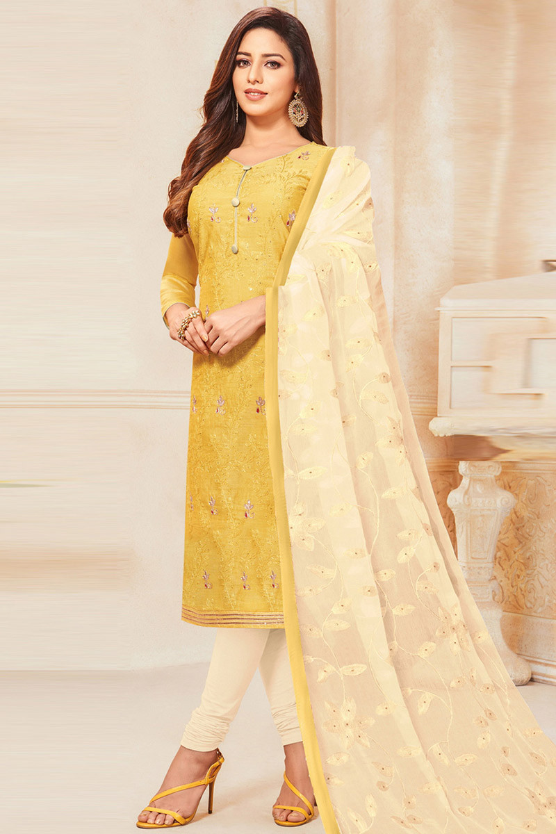 Embroidered Raw Silk Churidar Suit In Yellow Colour