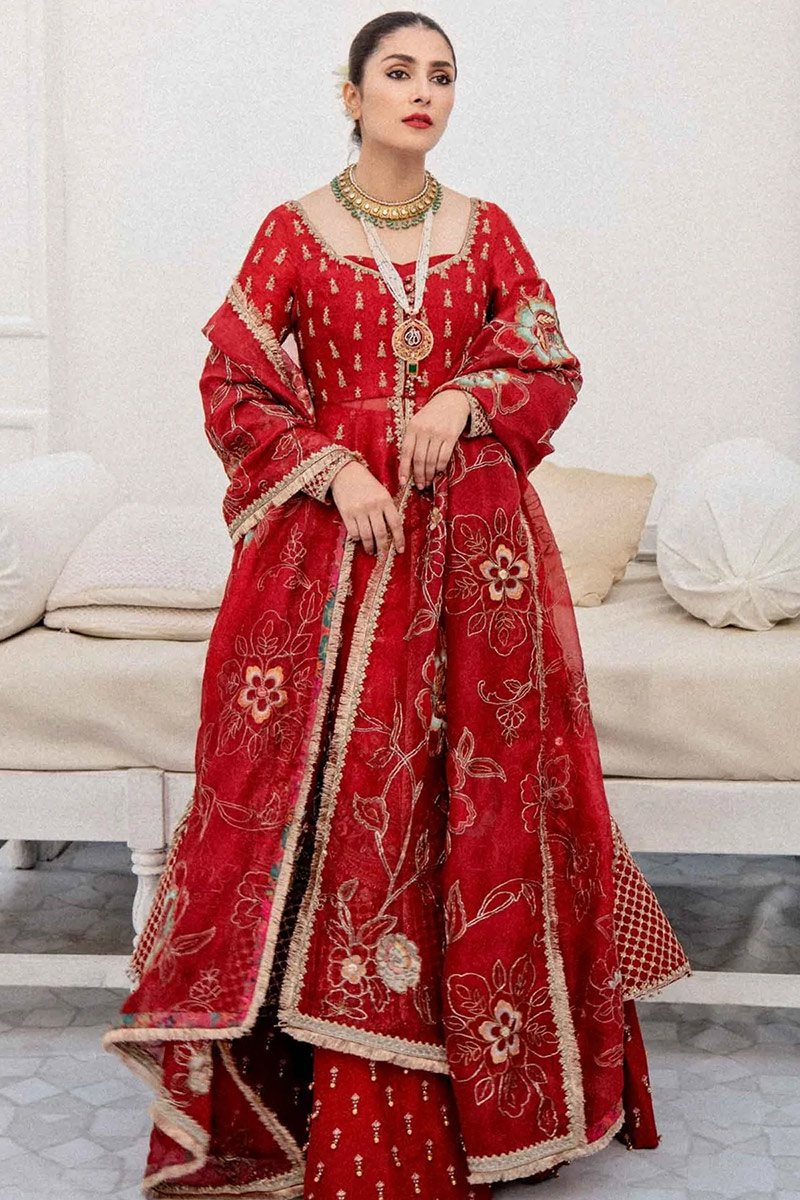 Embroidered Raw Silk Red Long Choli Lehenga