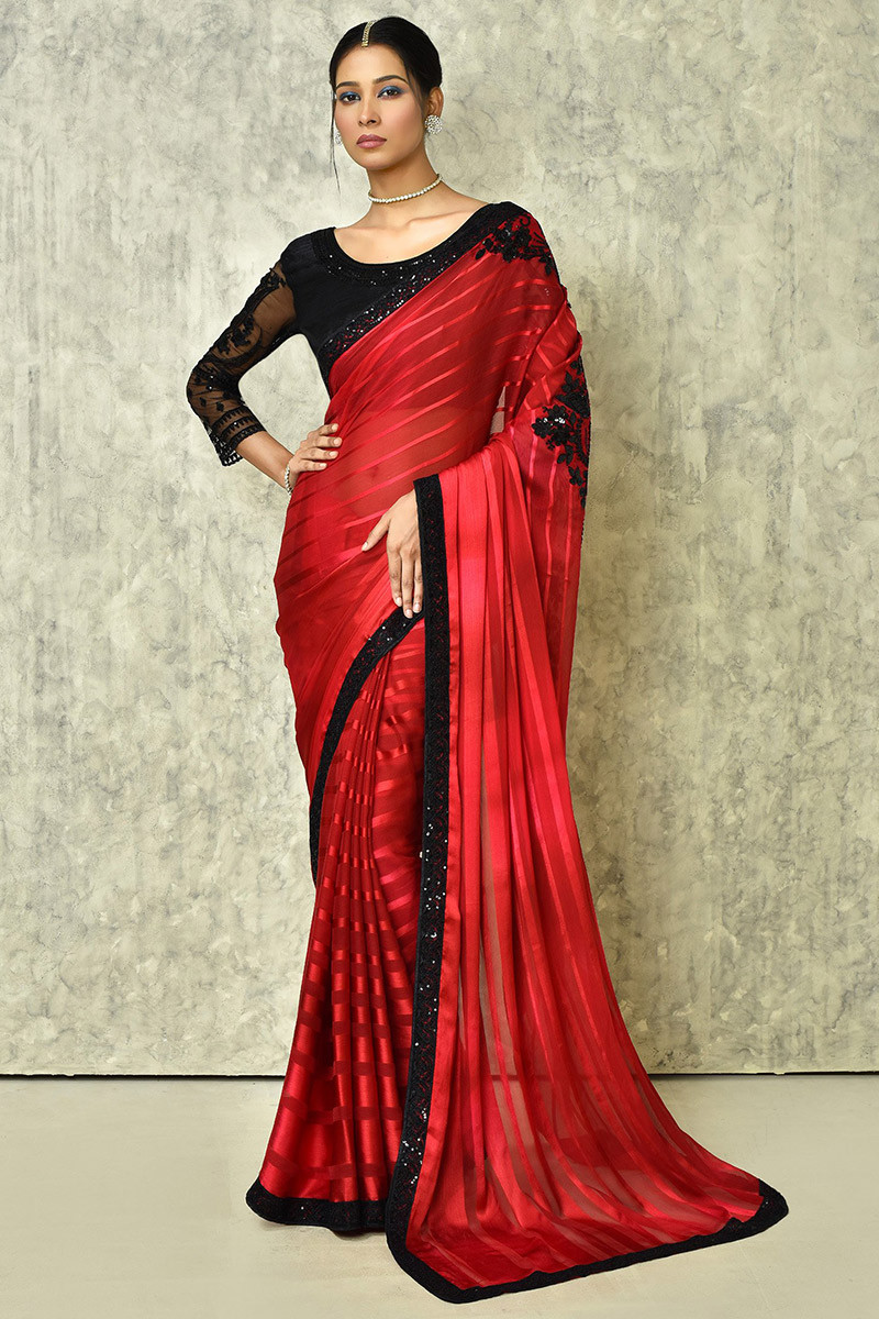 Embroidered Red Chiffon Satin Patti Saree|SARV157949
