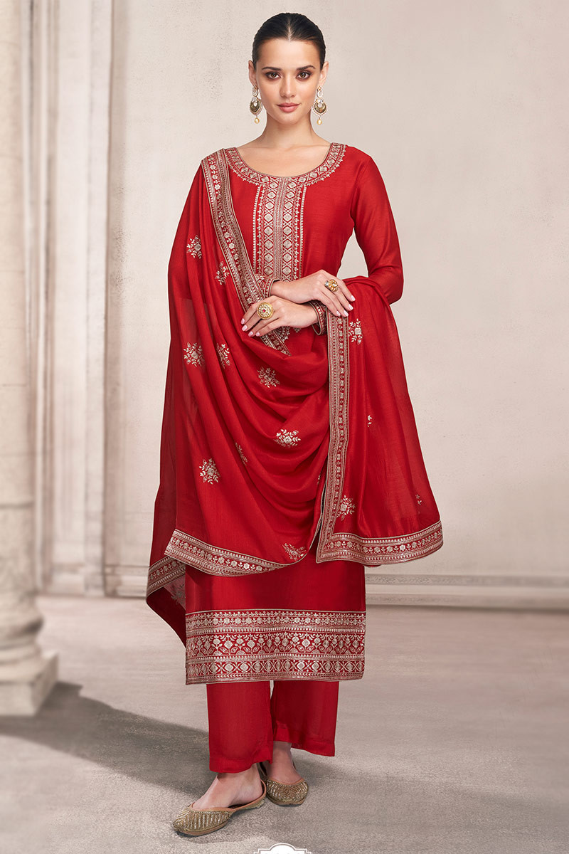 Designer Clothes Straight Pant Suit in Red Embroidered Fabric