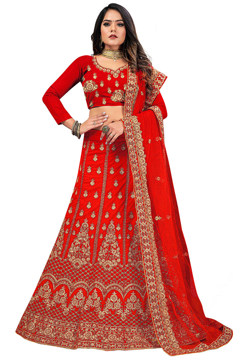 Party Wear Red and Maroon Satin Silk Reception Lehenga For Women Thread Work  | eBay