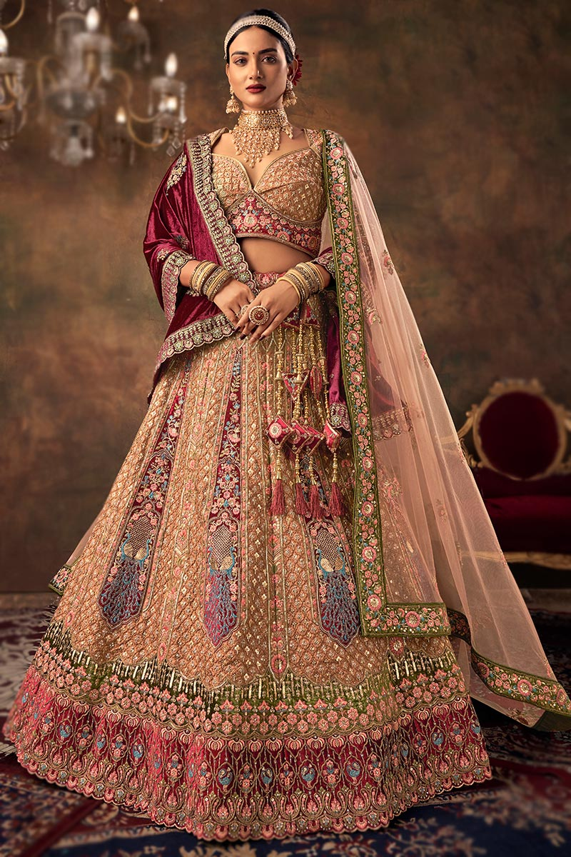 Embroidered Salmon Orange Velvet Panelled Lehenga 