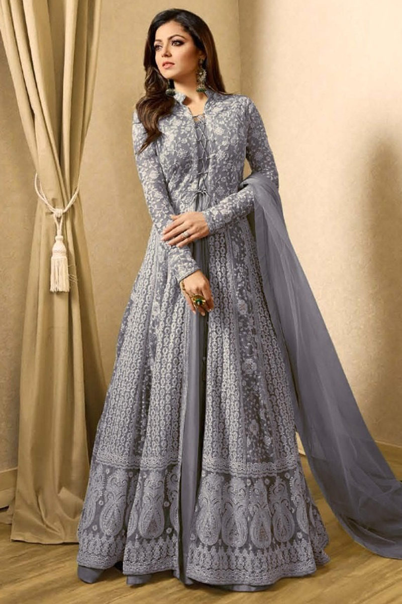 Wedding Party Embroidered Bluish Grey Anarkali Suit LSTV117389