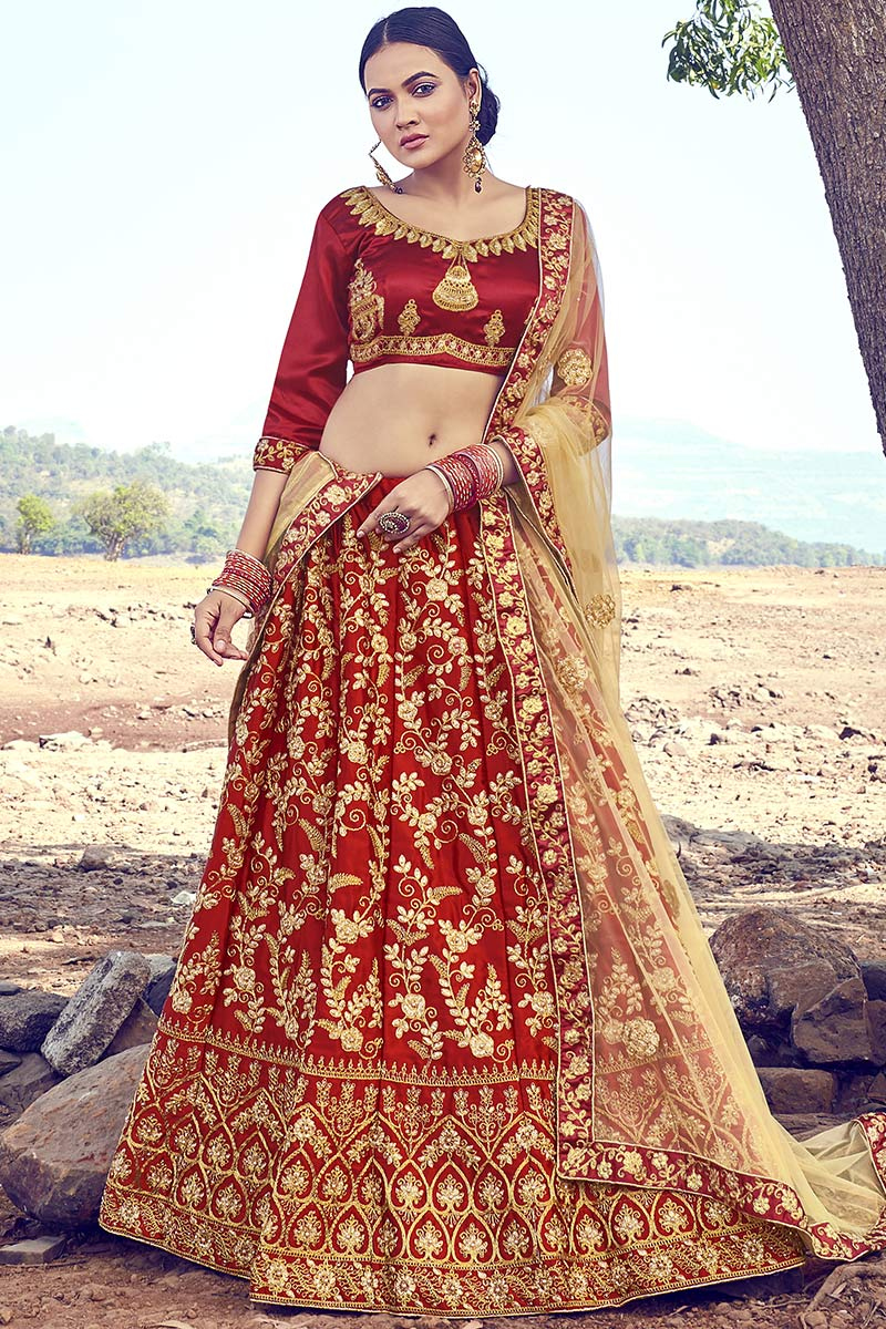 Embroidered Satin Deep Red Lehenga