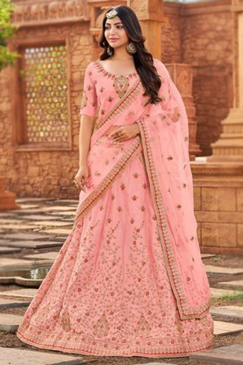 Embroidered Satin Light Pink Lehenga