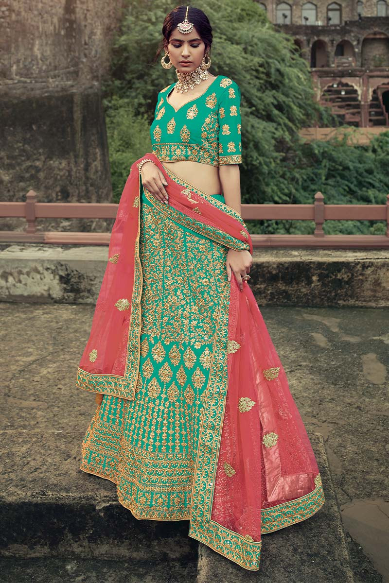 Embroidered Satin Persian Green Wedding Wear Lehenga