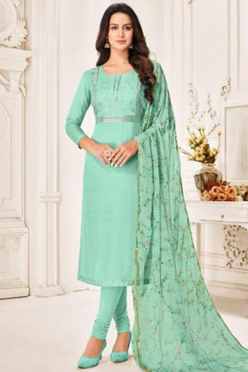 Special Offer Embroidered Seafoam Green Churidar Suit LSTV118421