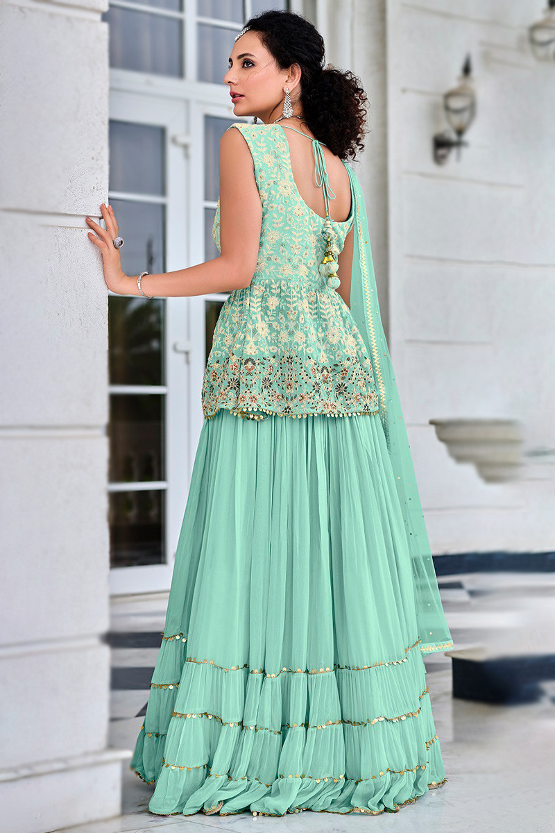 Mehndi Green Floral Sequins Embroidered Georgette Sharara Suit