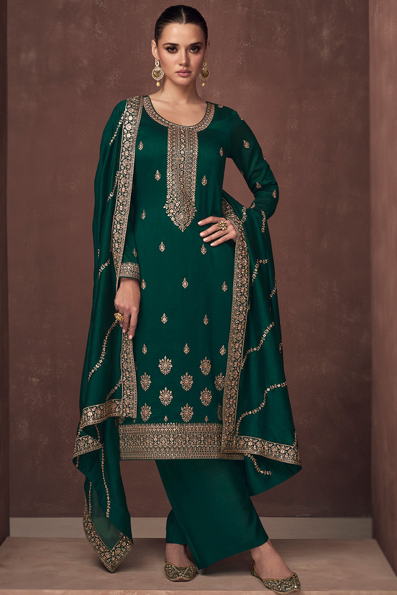 Kurta Sets & Suits | Dark green kurta sharara & dupatta set with golden |  Freeup