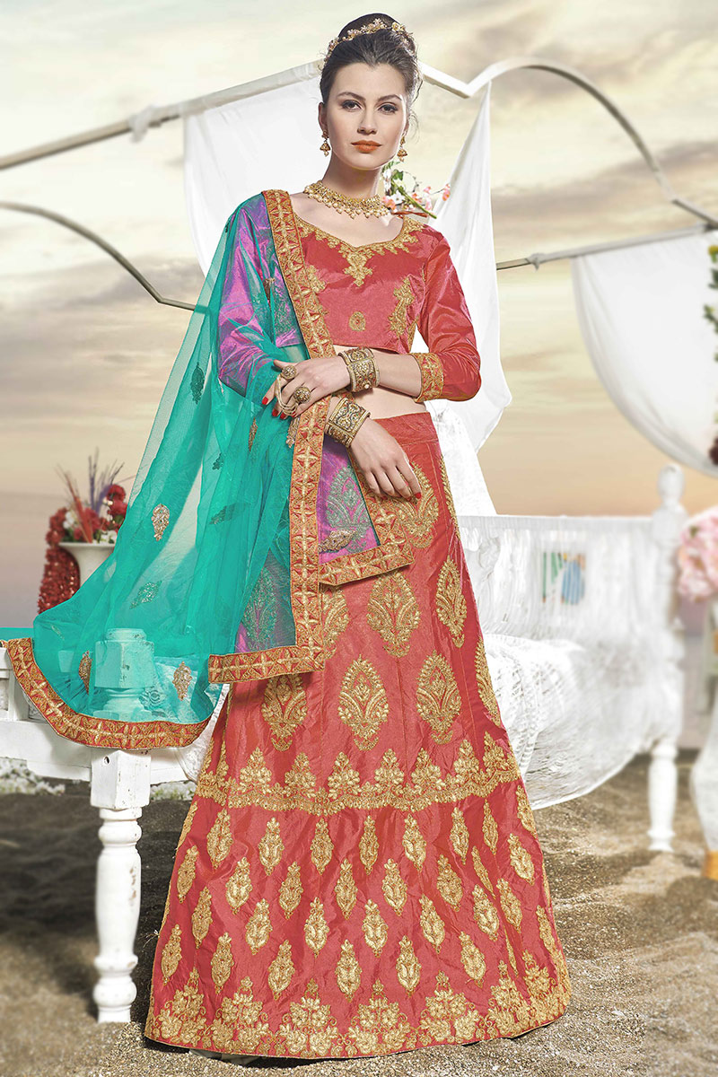 Embroidered Silk Brick Red Lehenga
