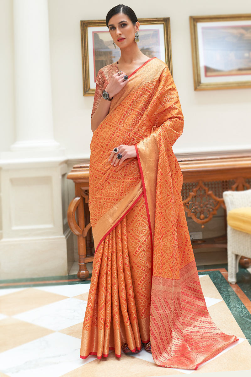 Paithani Silk Saree in Bright Orange With Kashmiri Peacock Design All Over  Banarasi Weaving and Colourful Nature Inspired Design. - Etsy