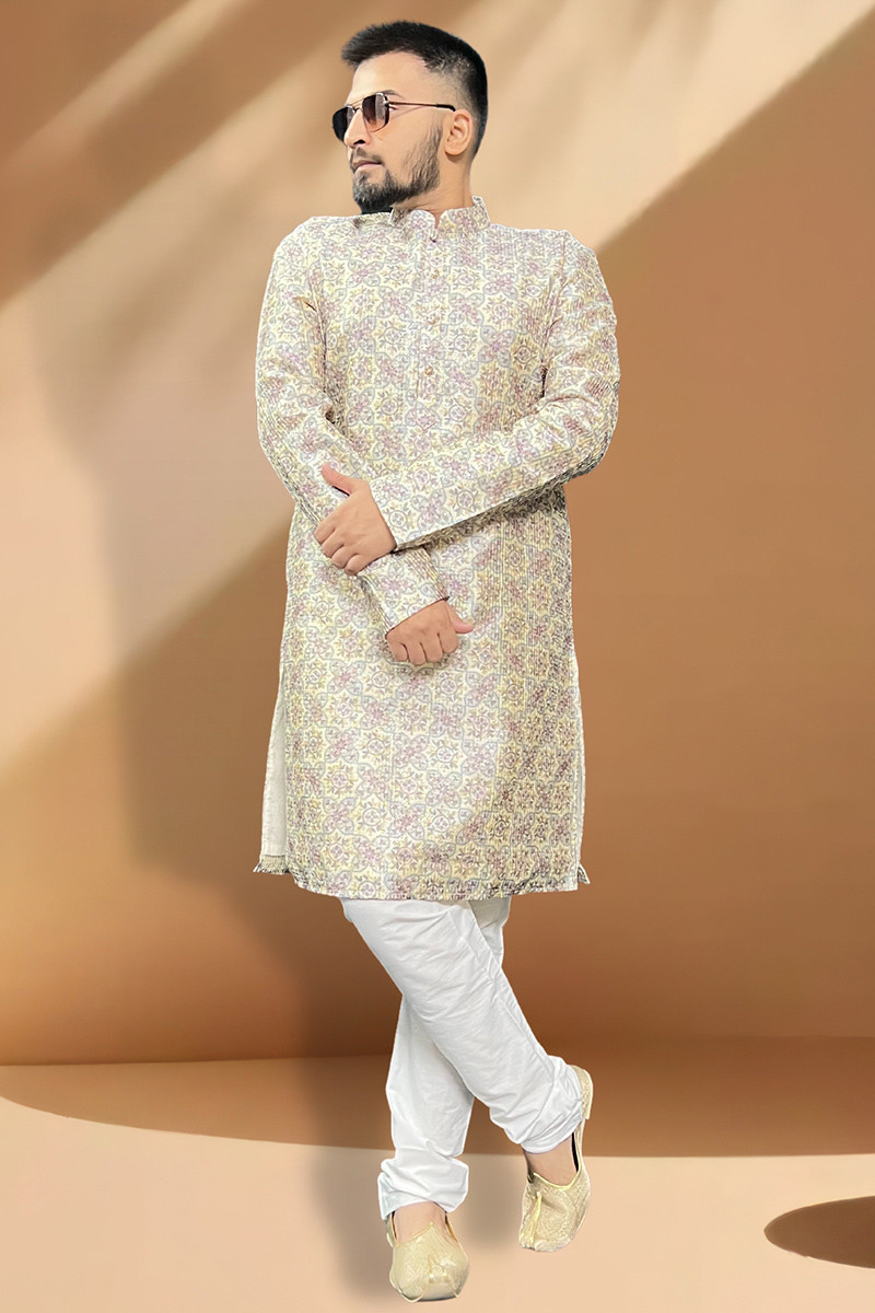 Embroidered Silk Cream Straight Cut Men s Kurta Churidar MKPA05674