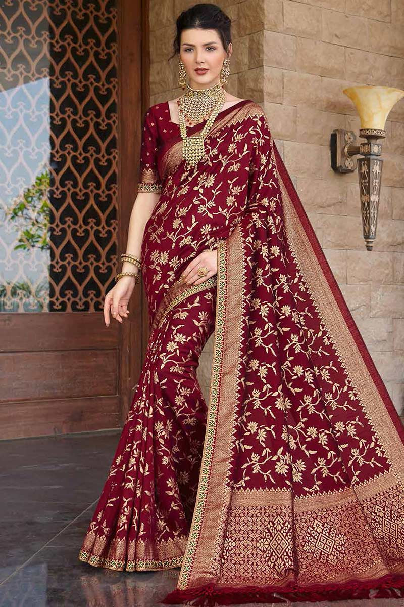 Lovely Maroon Zari Weaving Banarasi Soft Silk Saree With Blouse at  Rs.549/Piece in surat offer by Esomic Export