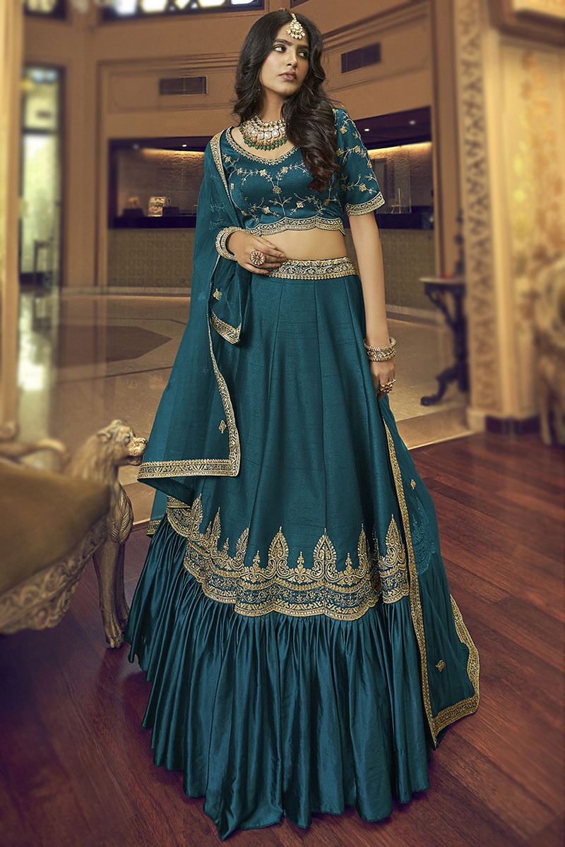 Charming Teal Green Sequins Embroidered Art Silk Wedding Leh