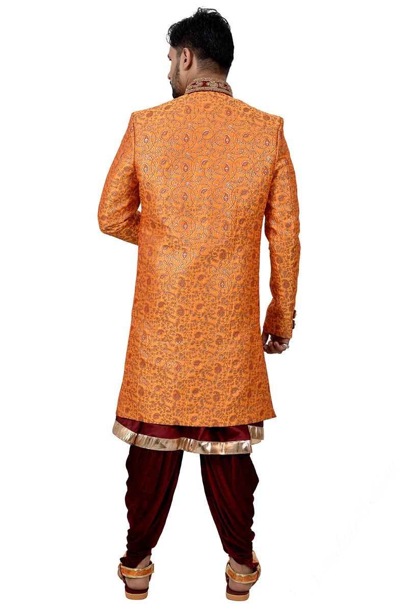 Embroidered Silk Light Orange Men Sherwani