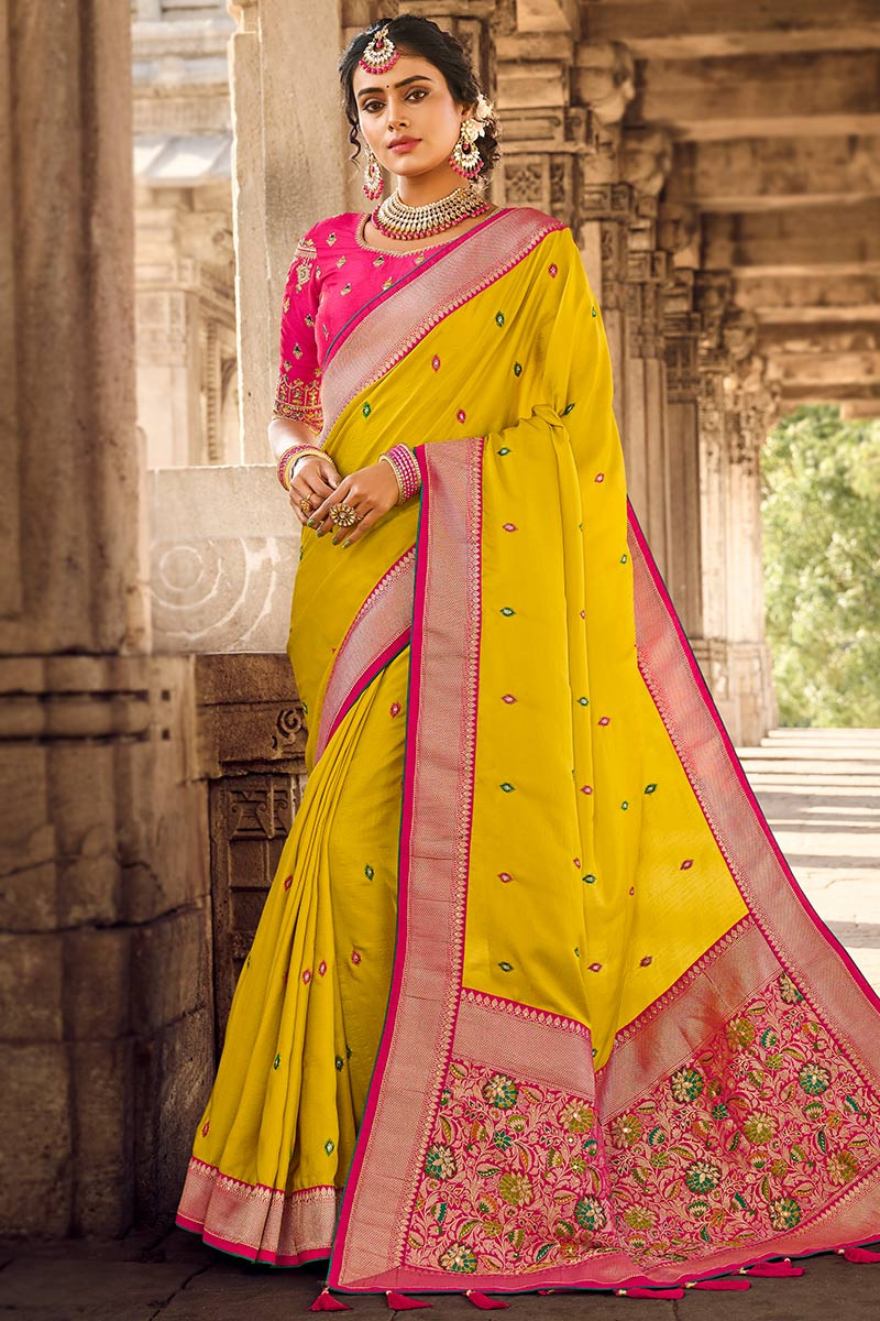 Yellow color banarasi silk saree with zari weaving work-atpcosmetics.com.vn