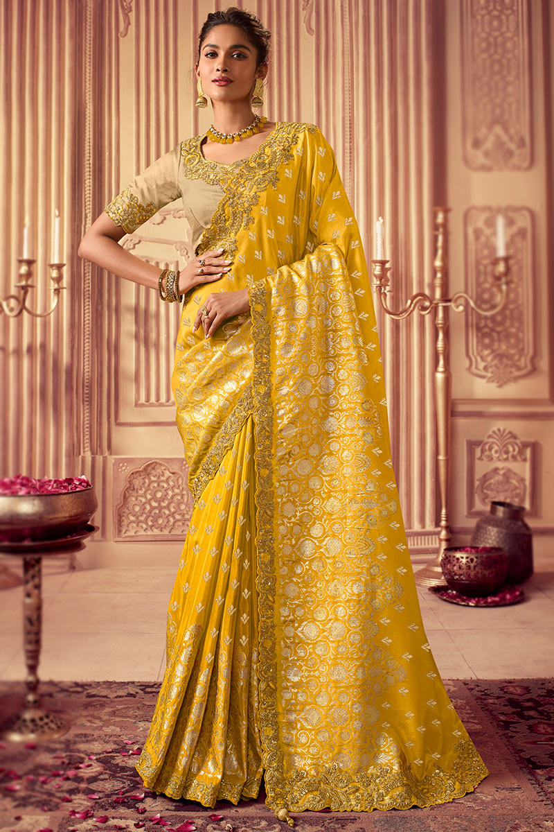 Yellow Embroidered Readymade Saree In Georgette