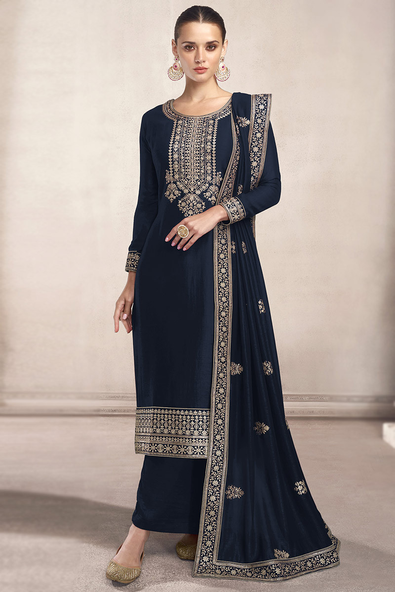 Embroidered Silk Navy Blue Palazzo Suit LSTV118831
