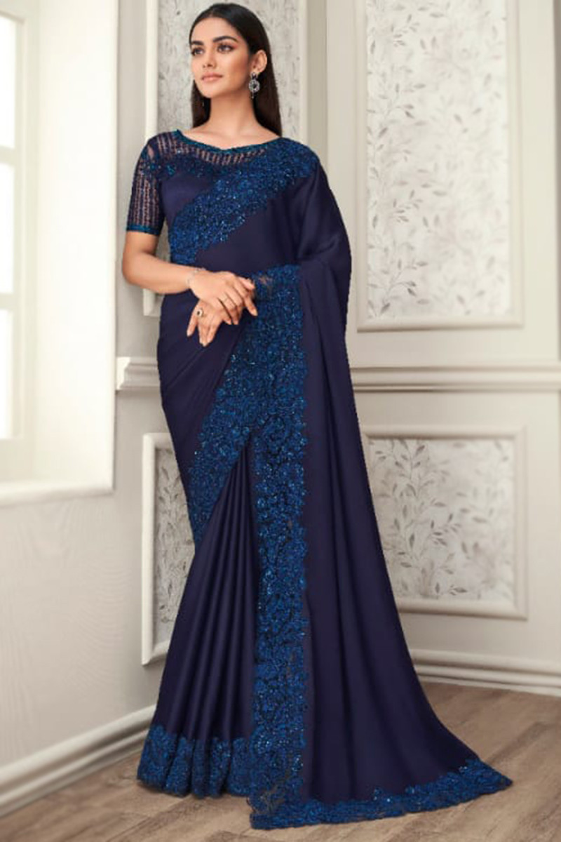 Art Silk Fabric Weaving Work Navy Blue Traditional Look Kasta Style Saree  With Contrast Blouse