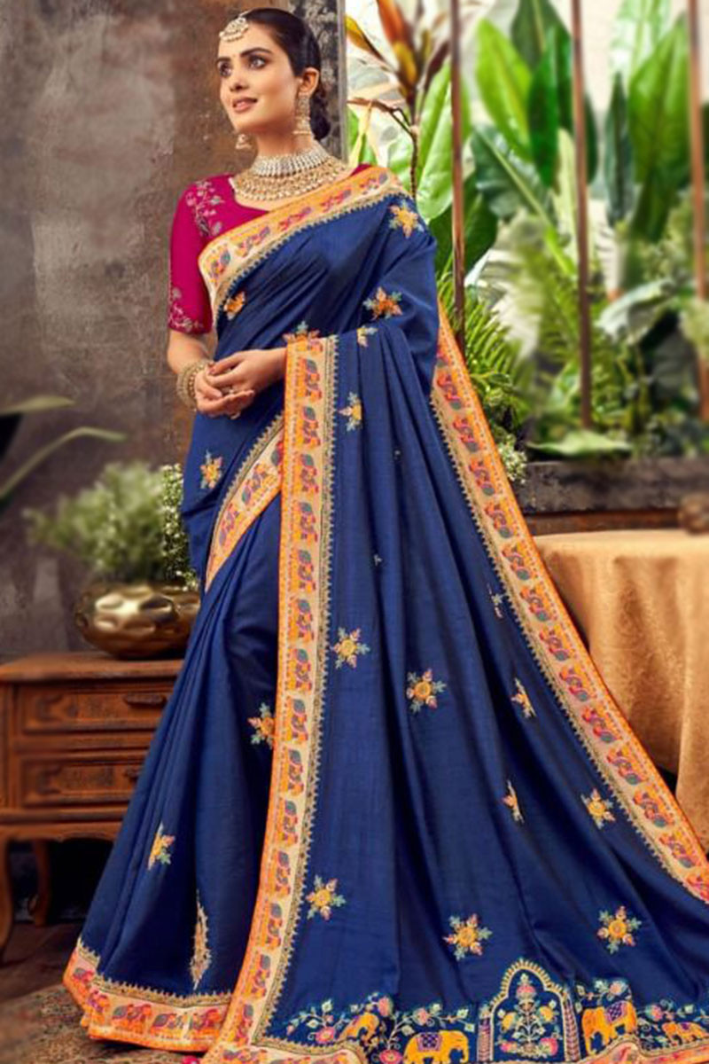 Royal blue wedding pattu sale saree