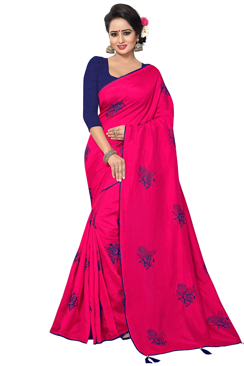 Silk Ruby Pink Resham Embroidered Saree for Party 