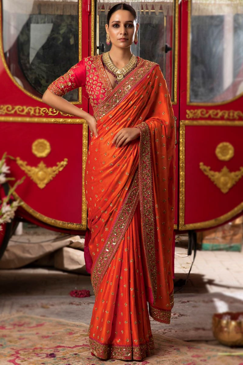 Gauri Orange Kanchipuram Silk Saree With Attached Blouse – Zariknyaa