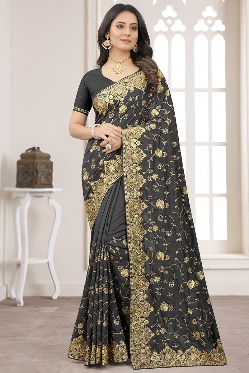 Banarasi Soft Silk Black Saree for Women, Designer Saree With Copper Zari  Work, Stylish Saree Blouse for Reception, Wedding Saree for Gift - Etsy