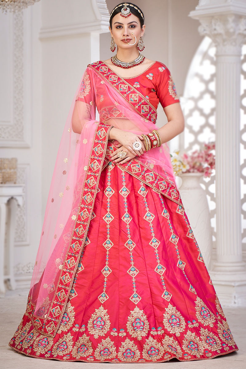 Embroidered Taffeta Silk Ruby Red Panelled Style Lehenga