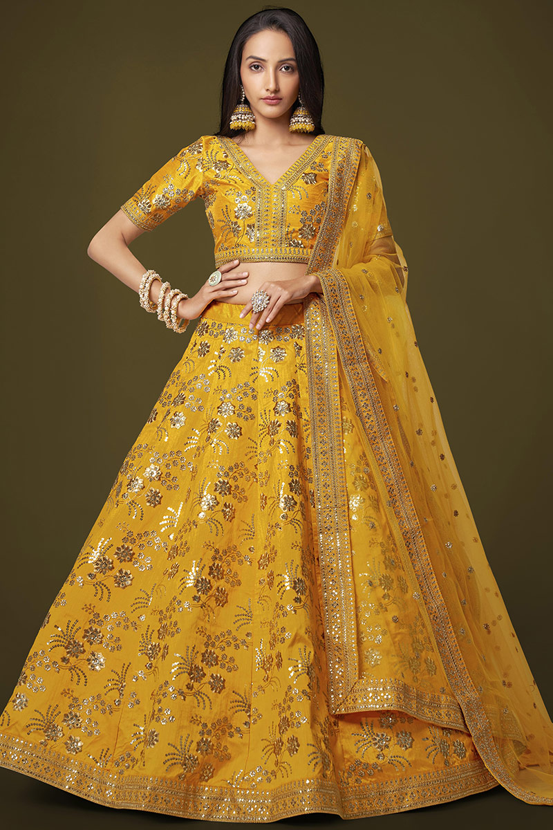 Embroidered Turmeric Yellow Silk Lehenga Choli For Hadi 