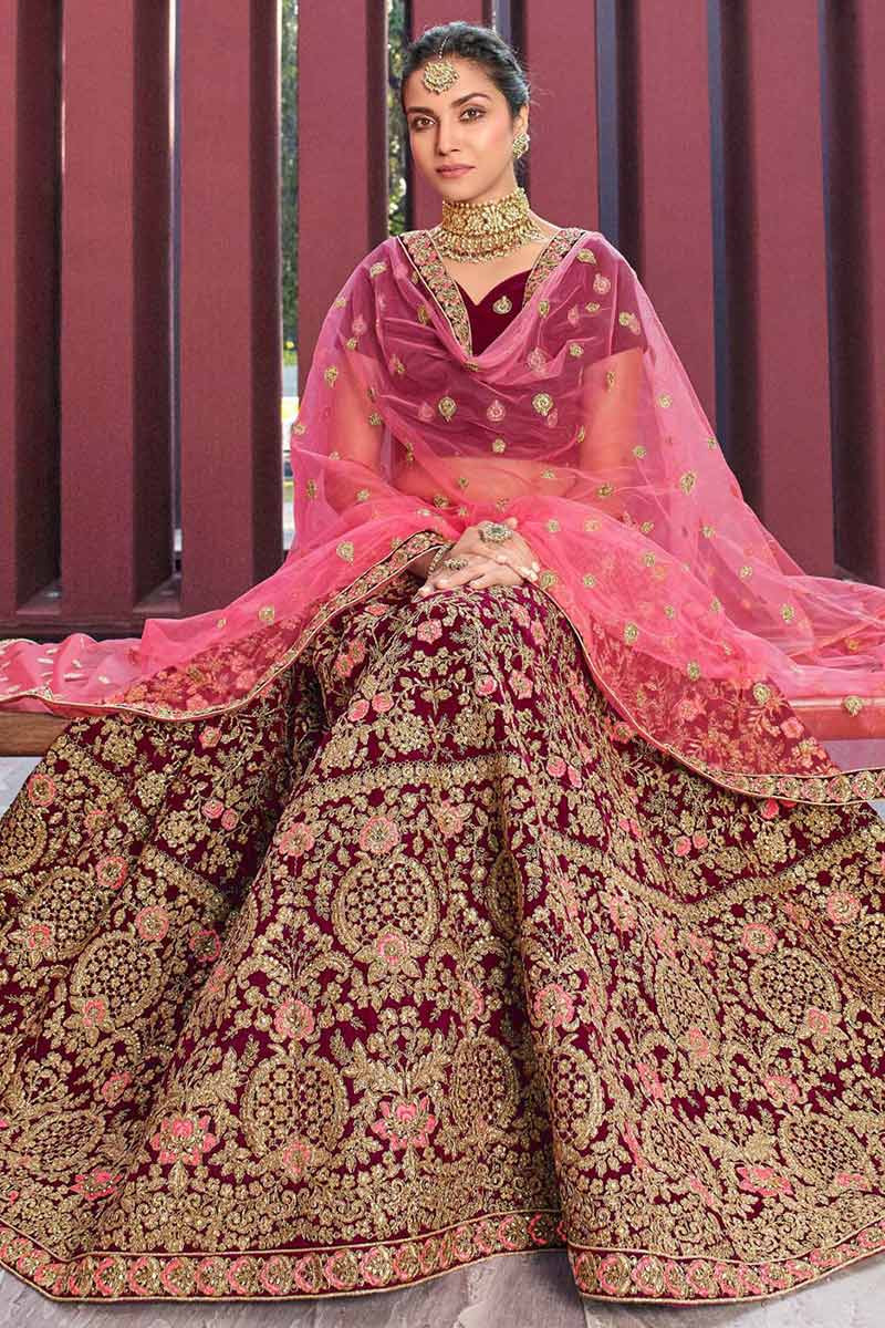 Pretty lilac lehenga with gold work and wine-coloured dupatta| WedMeGood|  #pastellehenga #constrastdupatta #bridal… | Indian outfits, Indian fashion,  Indian dresses