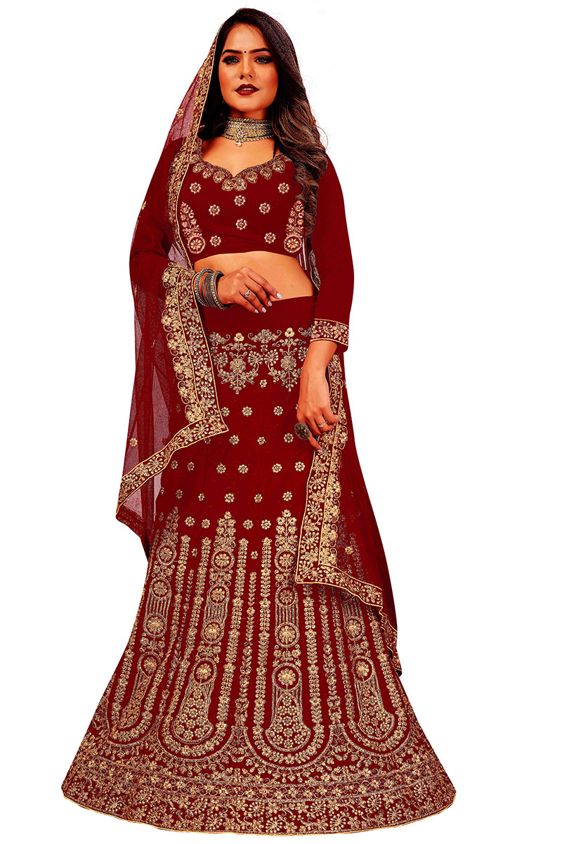 Lehenga in Velvet Dark Maroon with Dori Embroidery for Party 