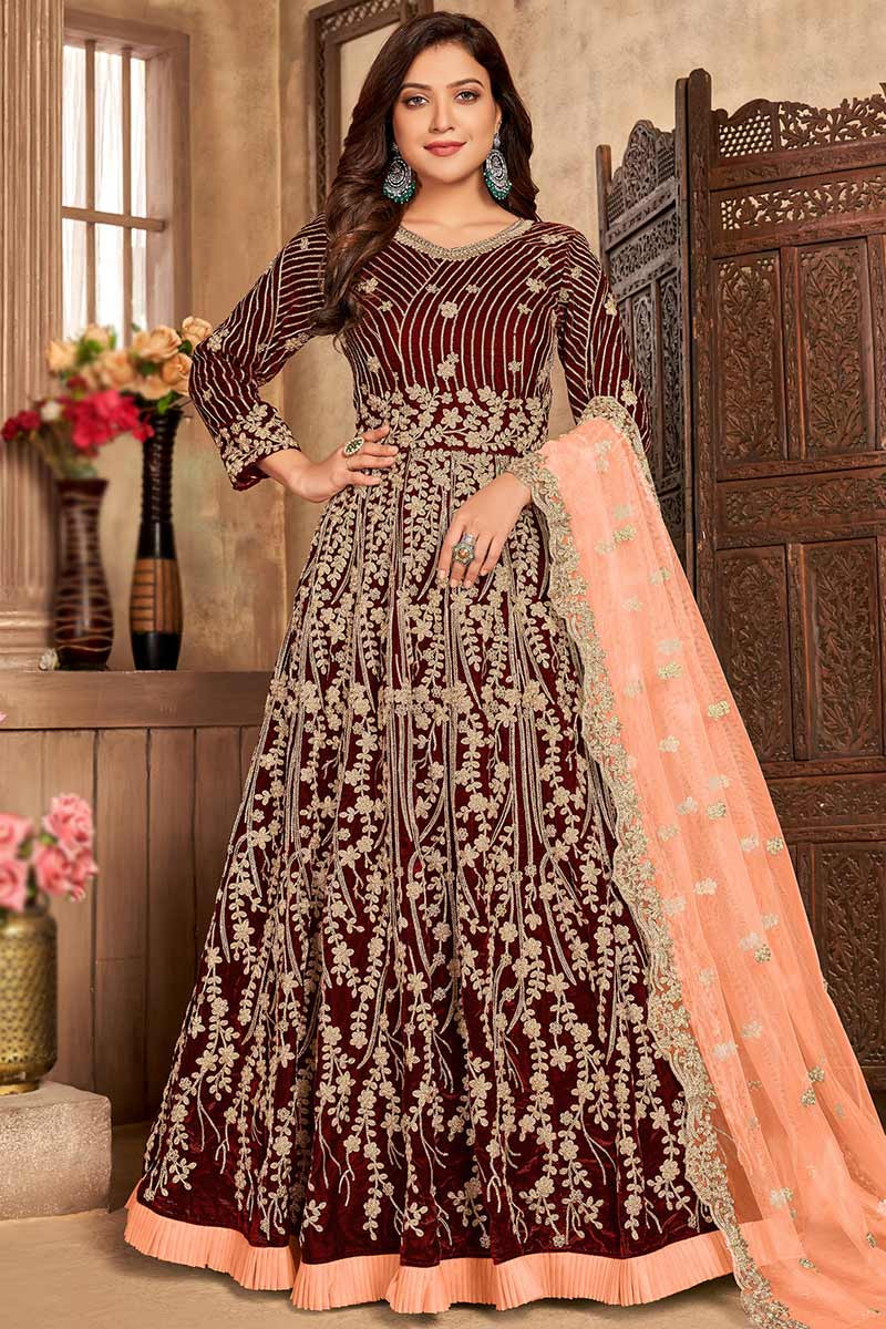 Maroon velvet anarkali shop