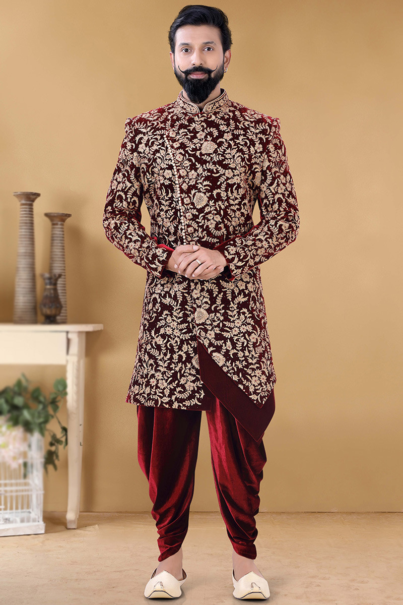 Embroidered Velvet Maroon Men s Sherwani With Dhoti MSTV01463