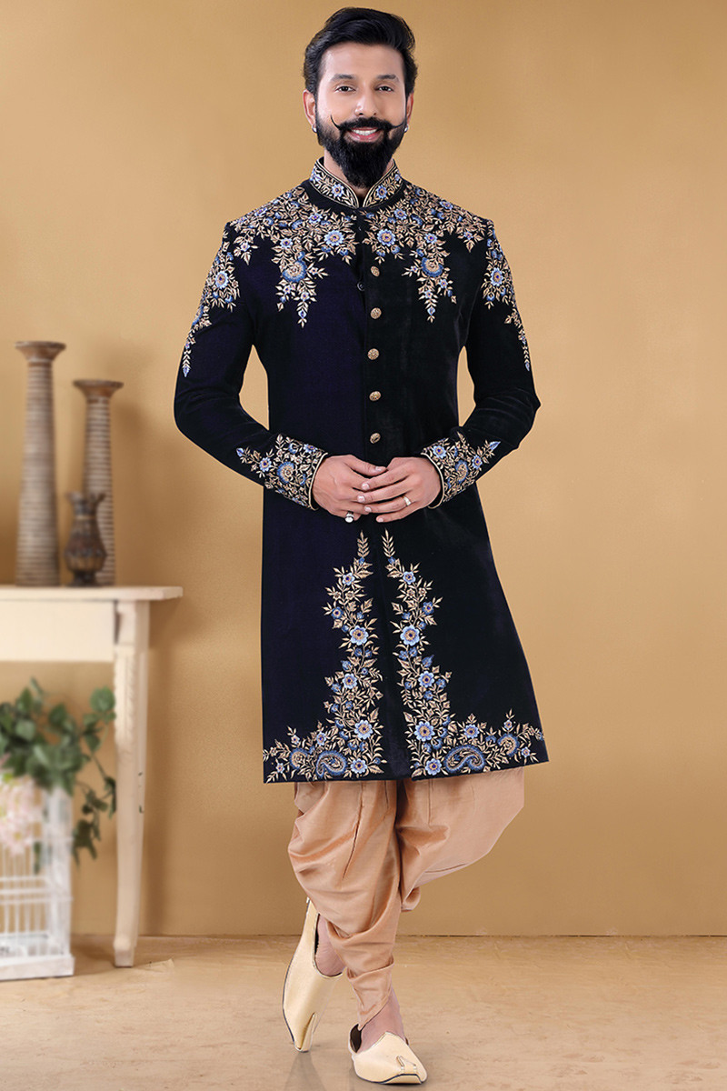 Navy blue velvet sherwani shop