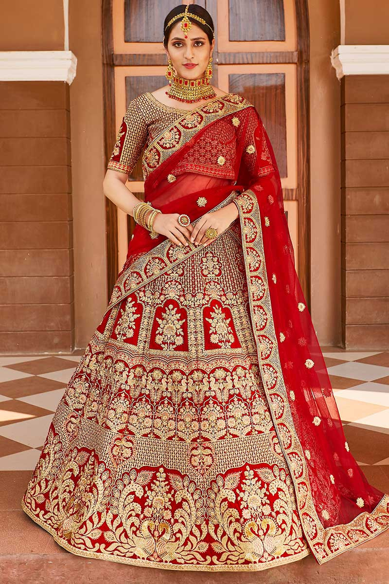 Semi-Stitched Embroidery Red Bridal Velvet Lehenga Choli HLC04 at Rs 12999  in Surat