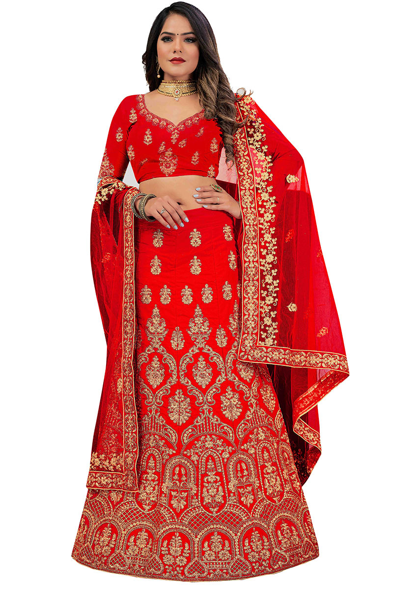 Red A Line Wedding Wear Lehenga in Velvet