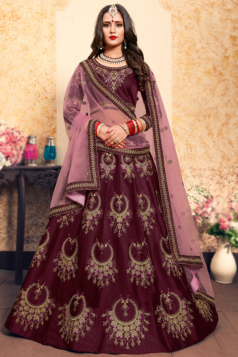 Embroidered Wine Maroon Satin Panelled Lehenga