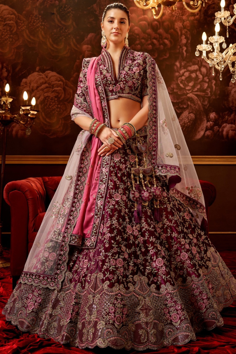 Embroidered Wine Maroon Velvet Panelled Style Lehenga