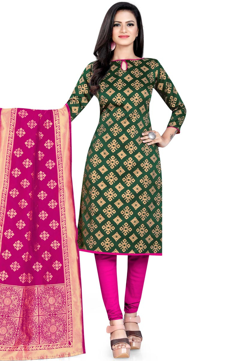 Emerald Green Brocade Straight Cut Churidar Suit