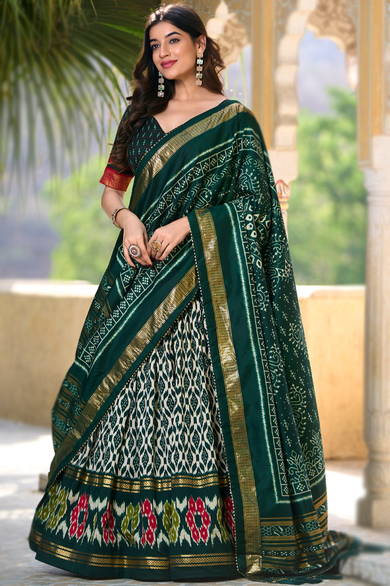 Emerald Green Foil Printed Tussar Silk Flared Style Chaniya Choli