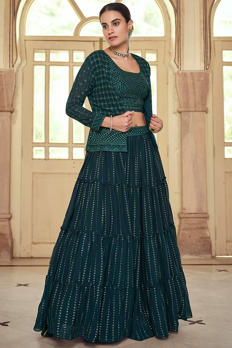 Emerald Green Georgette A-Line Party Wear Lehenga