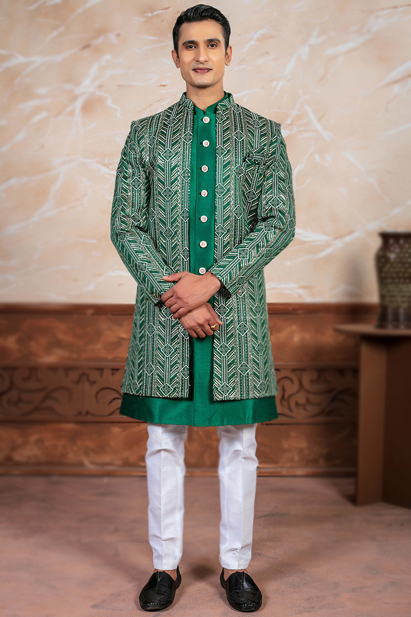 Emerald Green Jacket Style Silk Embroidered Men s Sherwani For Mehndi