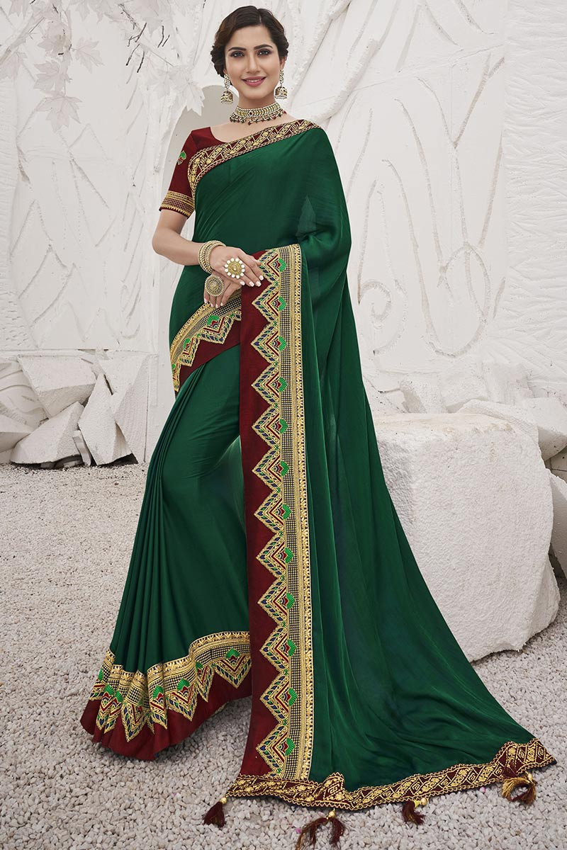 Vishal Prints Wine Chiffon Saree With Foil Print And Jari Border