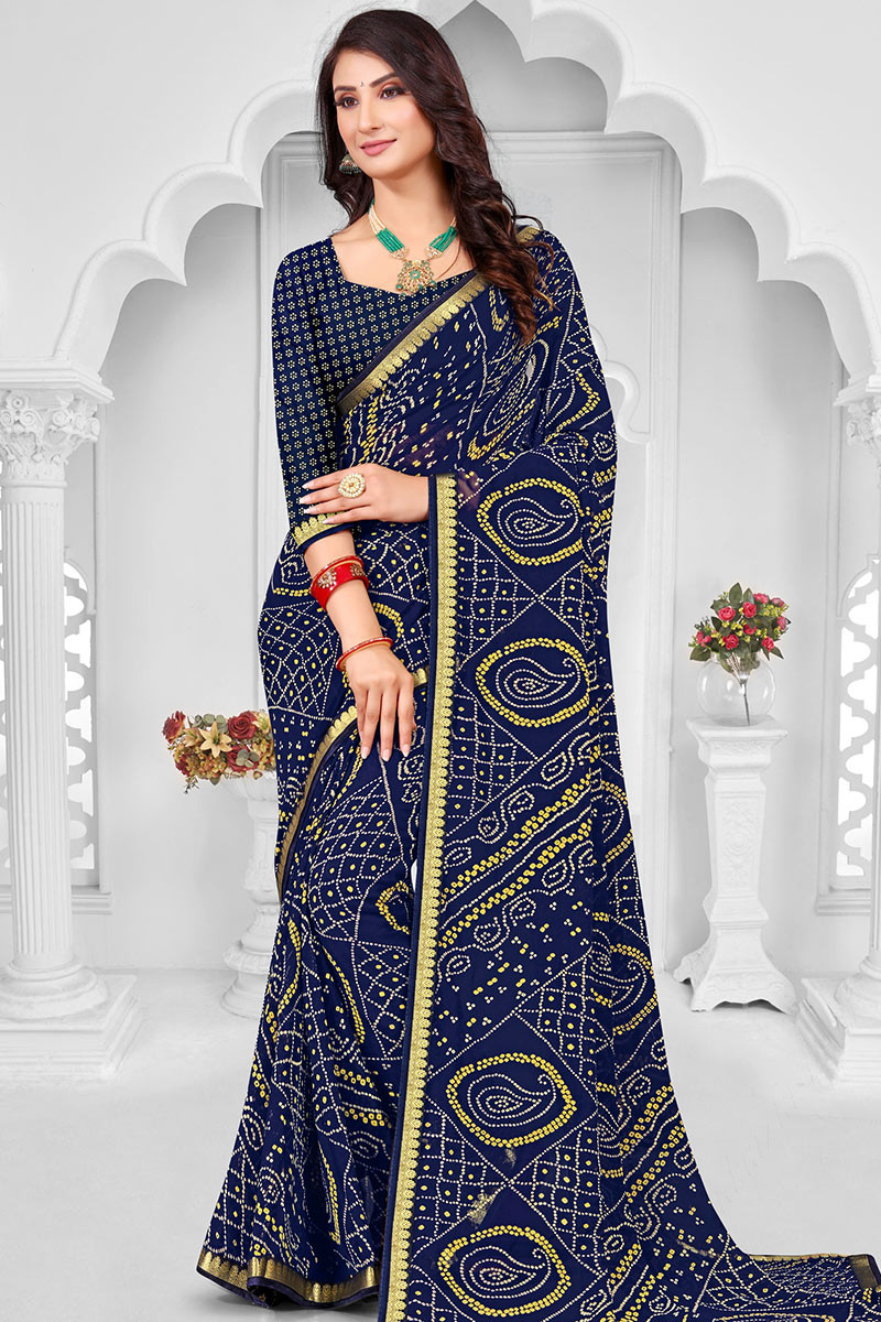 Rama-Sky Banarasi Bandhani Saree Pure Georgette - Bandhani - Bandhani -  Kutch